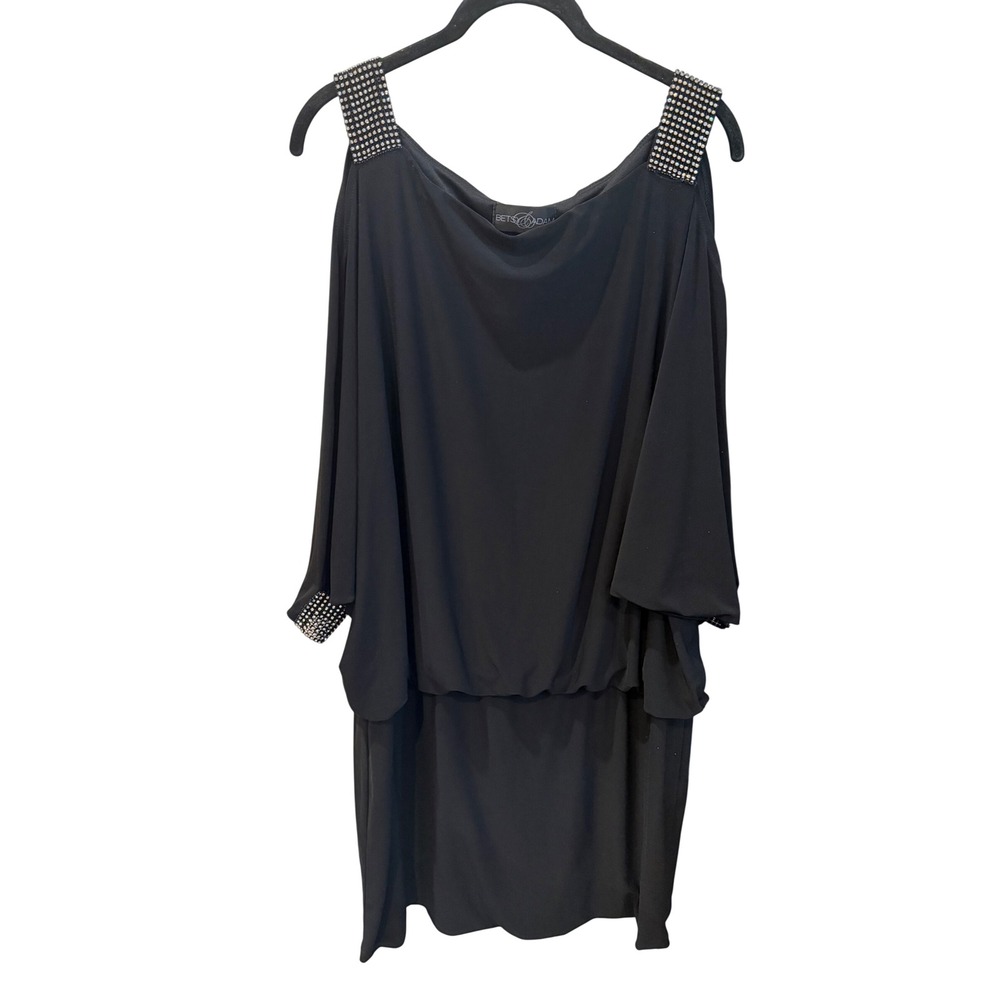 Betsy & Adam Black Cold Shoulder Rhinestone Cocktail Dress Plus Size 16W USA
